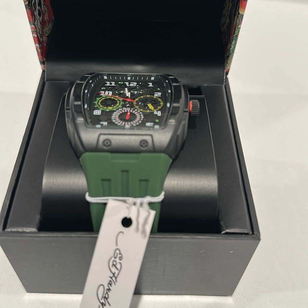 New in Box Ed Hardy Men’s Black Face Watch with Hour, Minute and Second hands.
